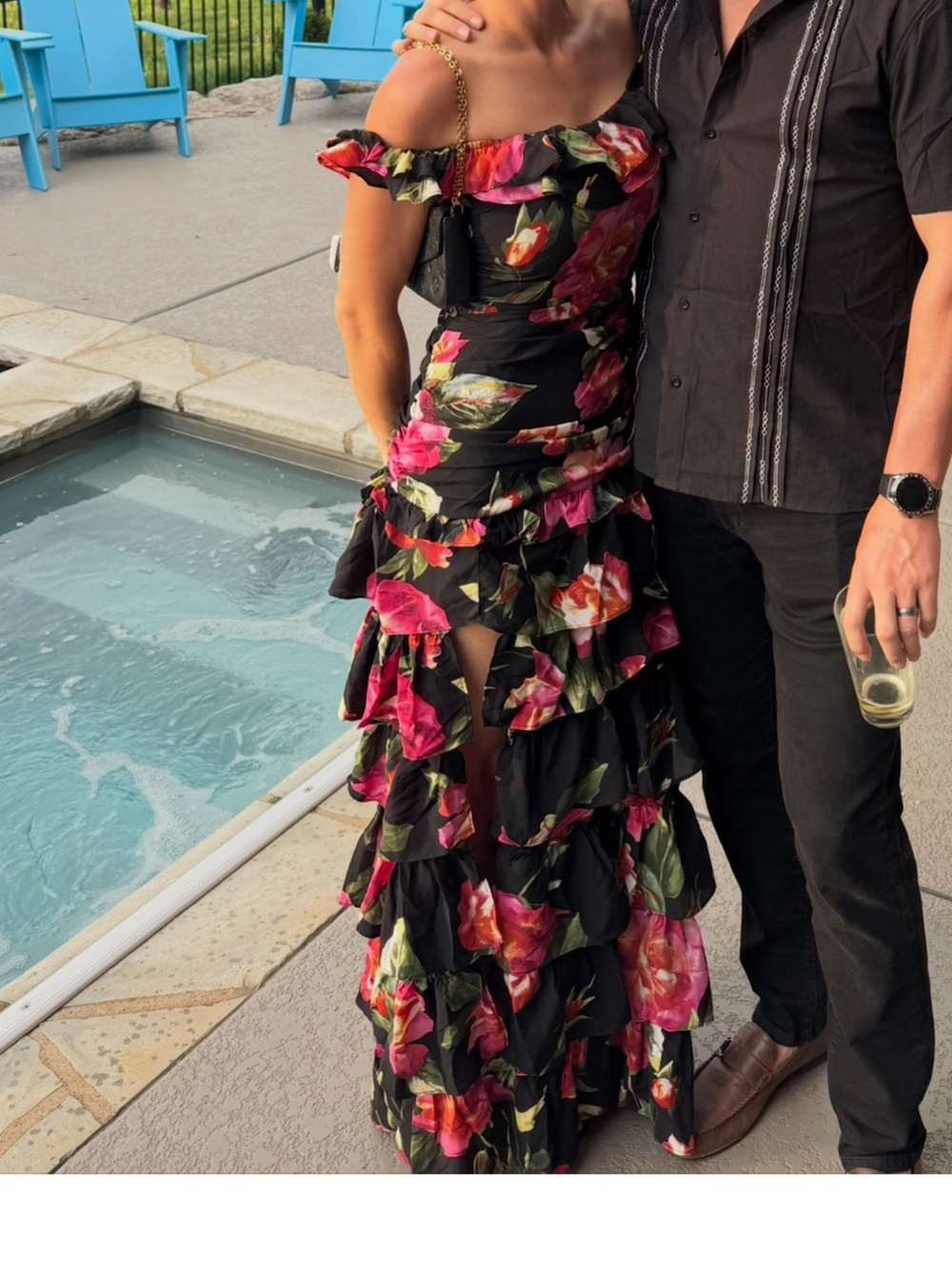 Floral Ruffle Off-Shoulder Maxi Dress - Black & Pink